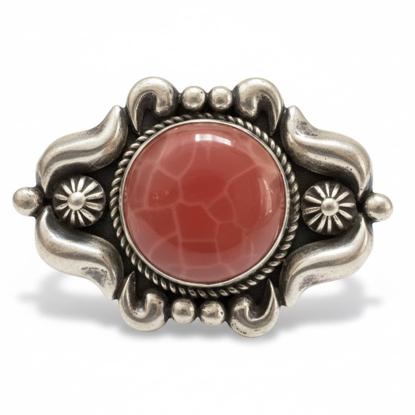 Ring, Orange Fire Agate, Repousse and Rope accents, Albert Jake - Turquoise Mustang