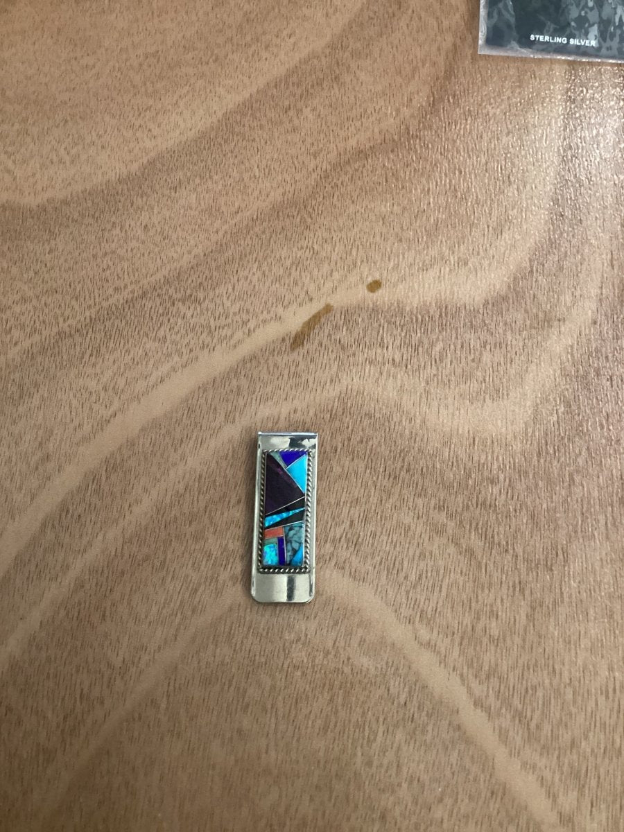 Money Clip, Navajo, Multi Color Inlay, Arnold Yazzie - Turquoise Mustang