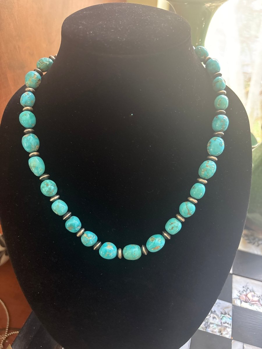 18" 12mm Natural Kingman Potato Beads and 8mm Silver Saucers Necklace - Turquoise Mustang