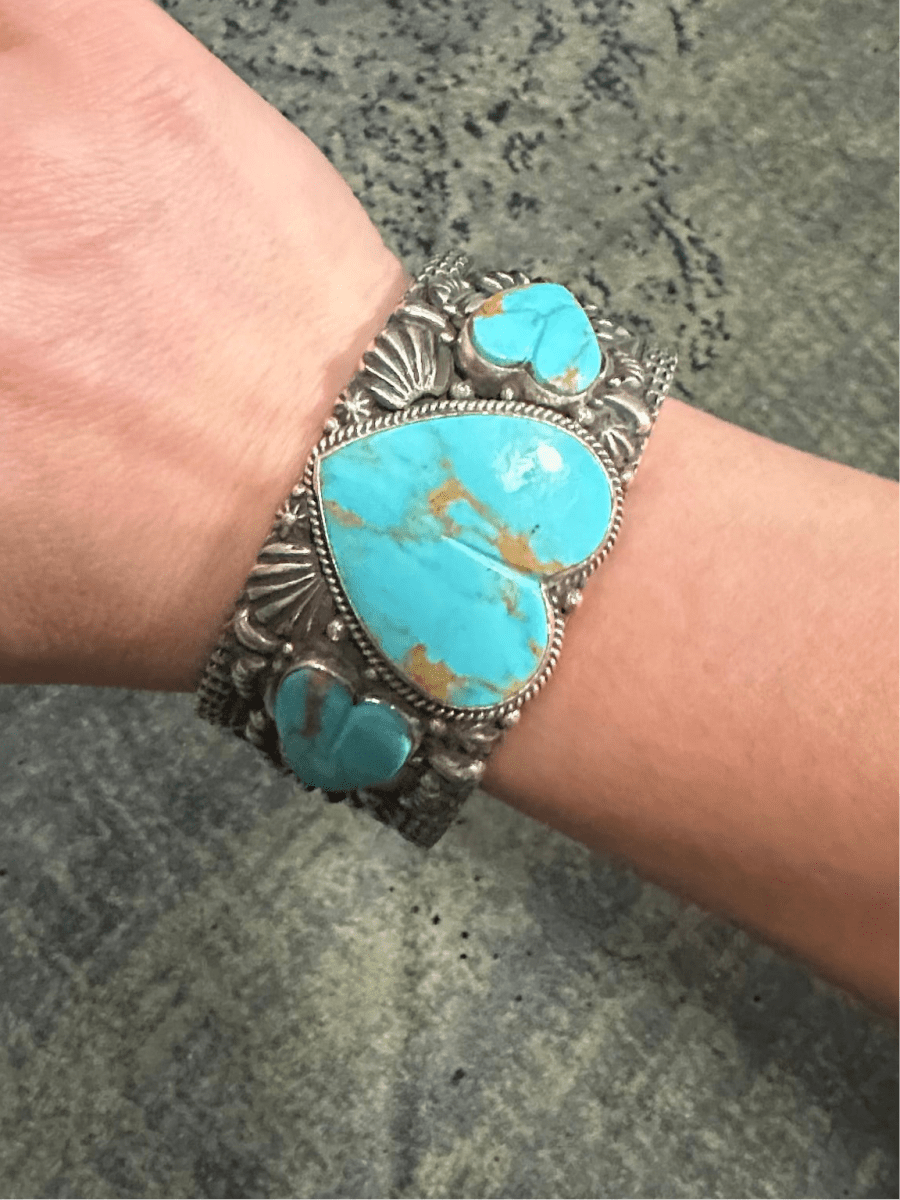 Bracelet, 3 Kingman Hearts, overlay and stamp work, J.O. White - Turquoise Mustang