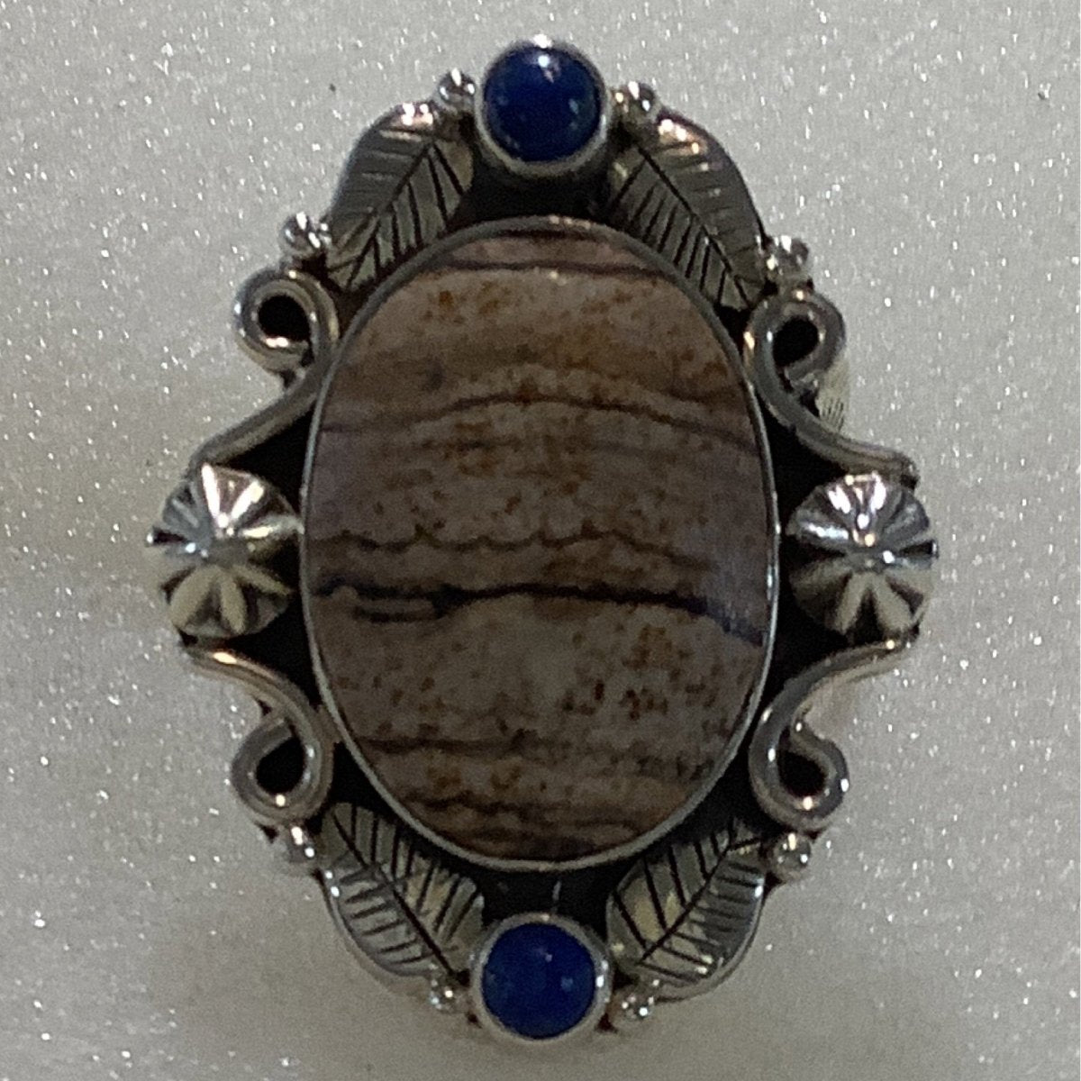 Ring, Jasper, Oval with 2 lapis rounds North & South,Overlay Bezel, DD - Turquoise Mustang
