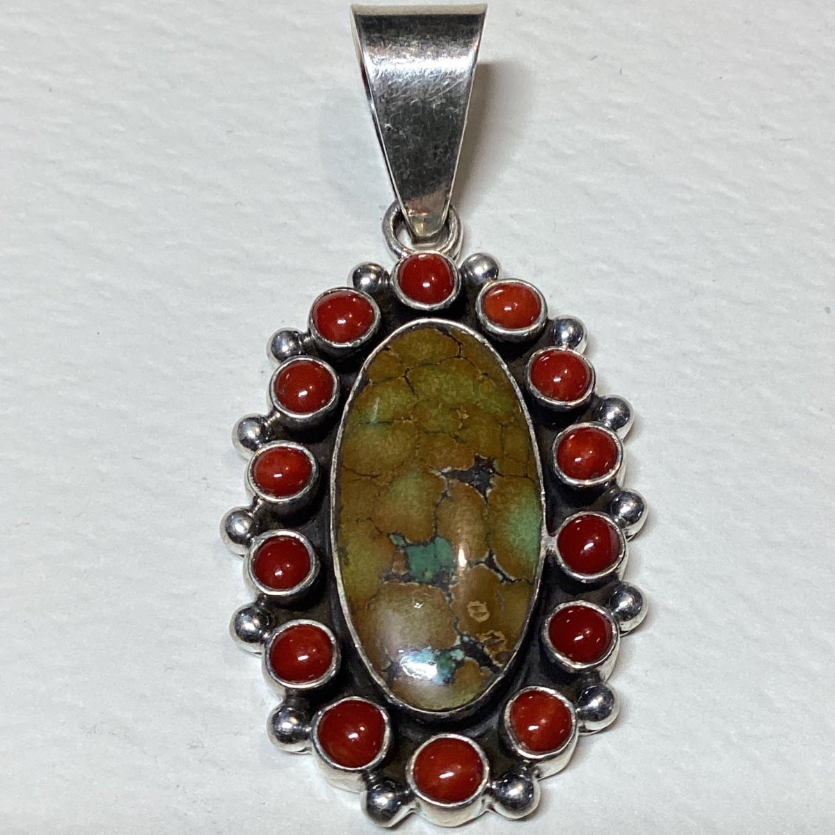 Medium Chinese Turquoise Pendant with Coral Cabochon Cluster by Darryl Becenti - Turquoise Mustang