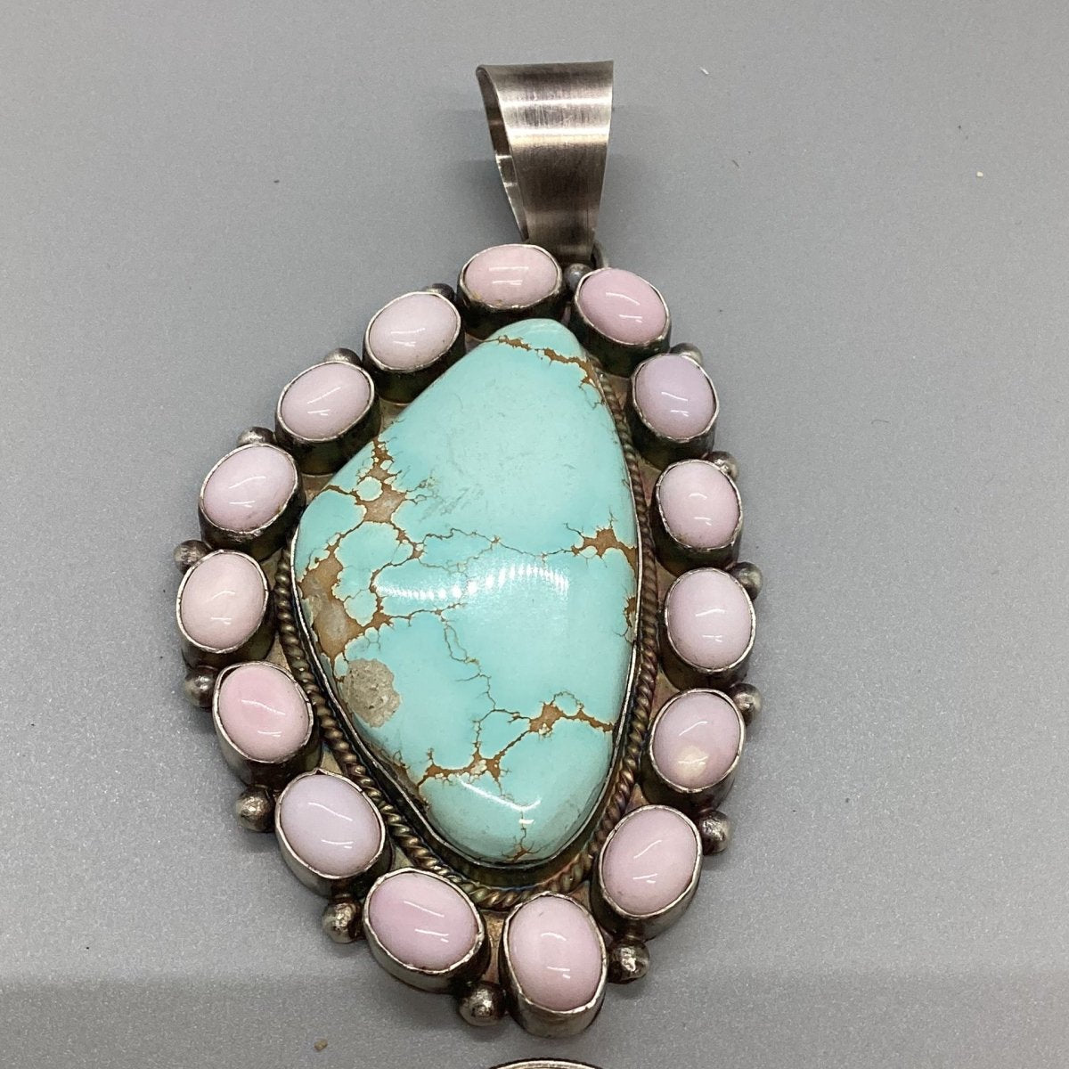 Pendant, 16 stone, Number 8 Freeform and Pink Opal bezel, Cluster, Very Large, Peterson Johnson - Turquoise Mustang