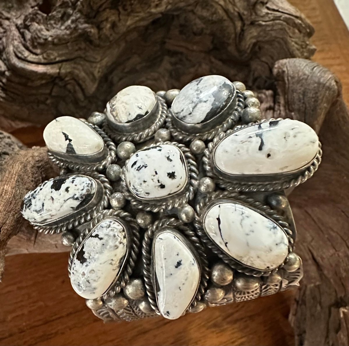 Huge White Buffalo Cluster Cuff by Navajo Artist Jimmie Yazzie - Turquoise Mustang