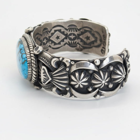 Heavy Overlay & Stampwork Cuff with Oval Birdseye Kingman by Delbert Gordon - Turquoise Mustang