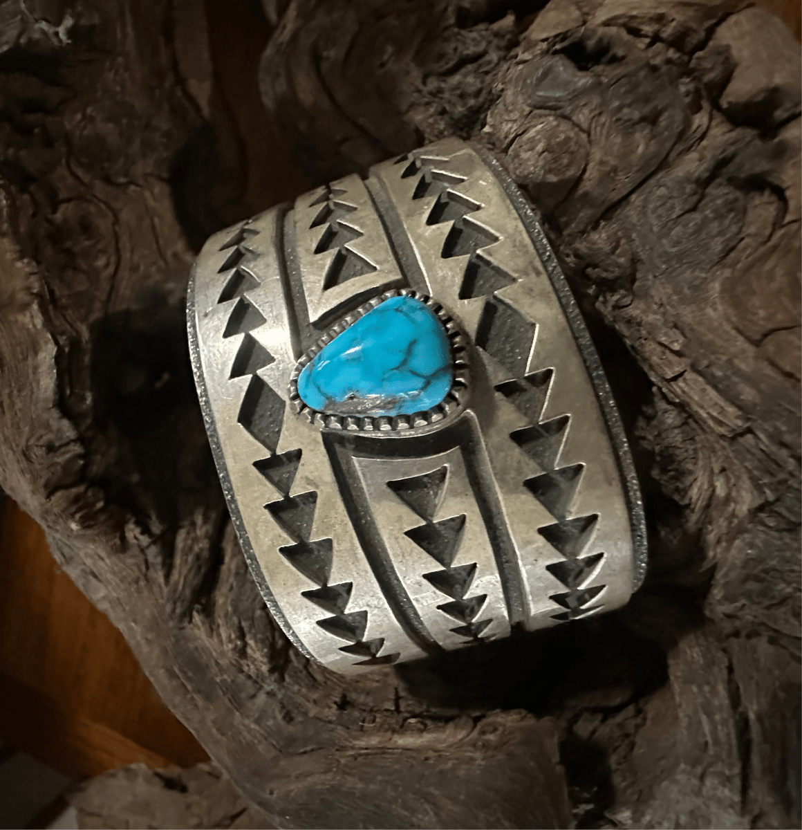 Triangle Motif Cuff with Teardrop Natural Kingman Turquoise by H.T. Jim - Turquoise Mustang