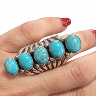Five Oval Stone Ring with Seven Split Shank, by Tim Yazzie - Turquoise Mustang