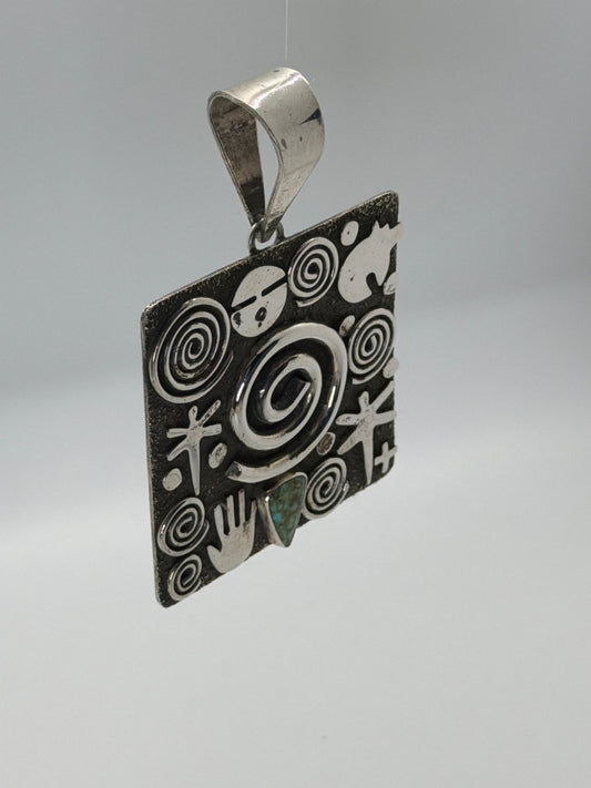 Large Square Story Symbol Pendant with Royston Turquoise by Alex Sanchez - Turquoise Mustang