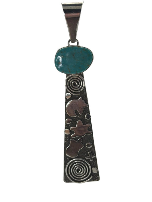 Petroglyph Overlay Pendant with Freeform Kingman Turquoise Stone, by Alex Sanchez - Turquoise Mustang