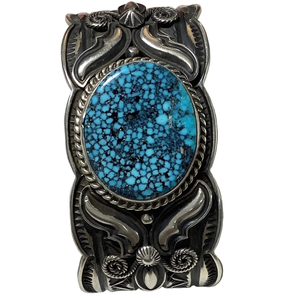 Heavy Repoussé & Overlay Cuff with Oval Black Spiderweb Kingman, by Andy Cadman - Turquoise Mustang