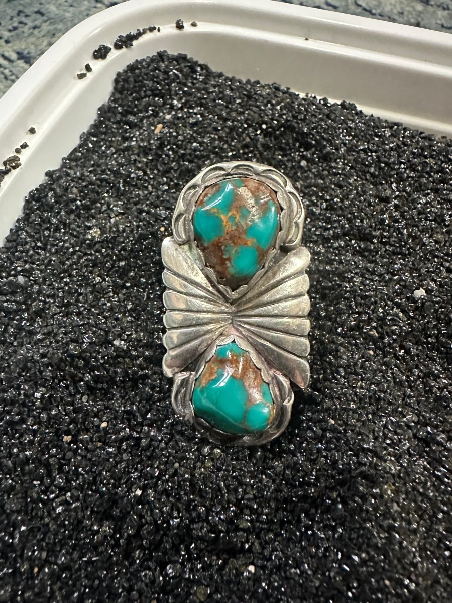 Large Two - Stone Royston Turquoise Ring - Turquoise Mustang