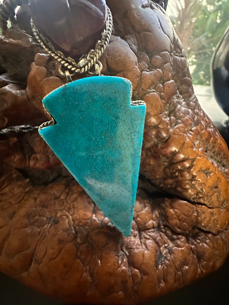Purple Spiny Oyster Heart & Carved Turquoise Arrowhead Double Stone Statement Pendant, by Dan Dodson - Turquoise Mustang