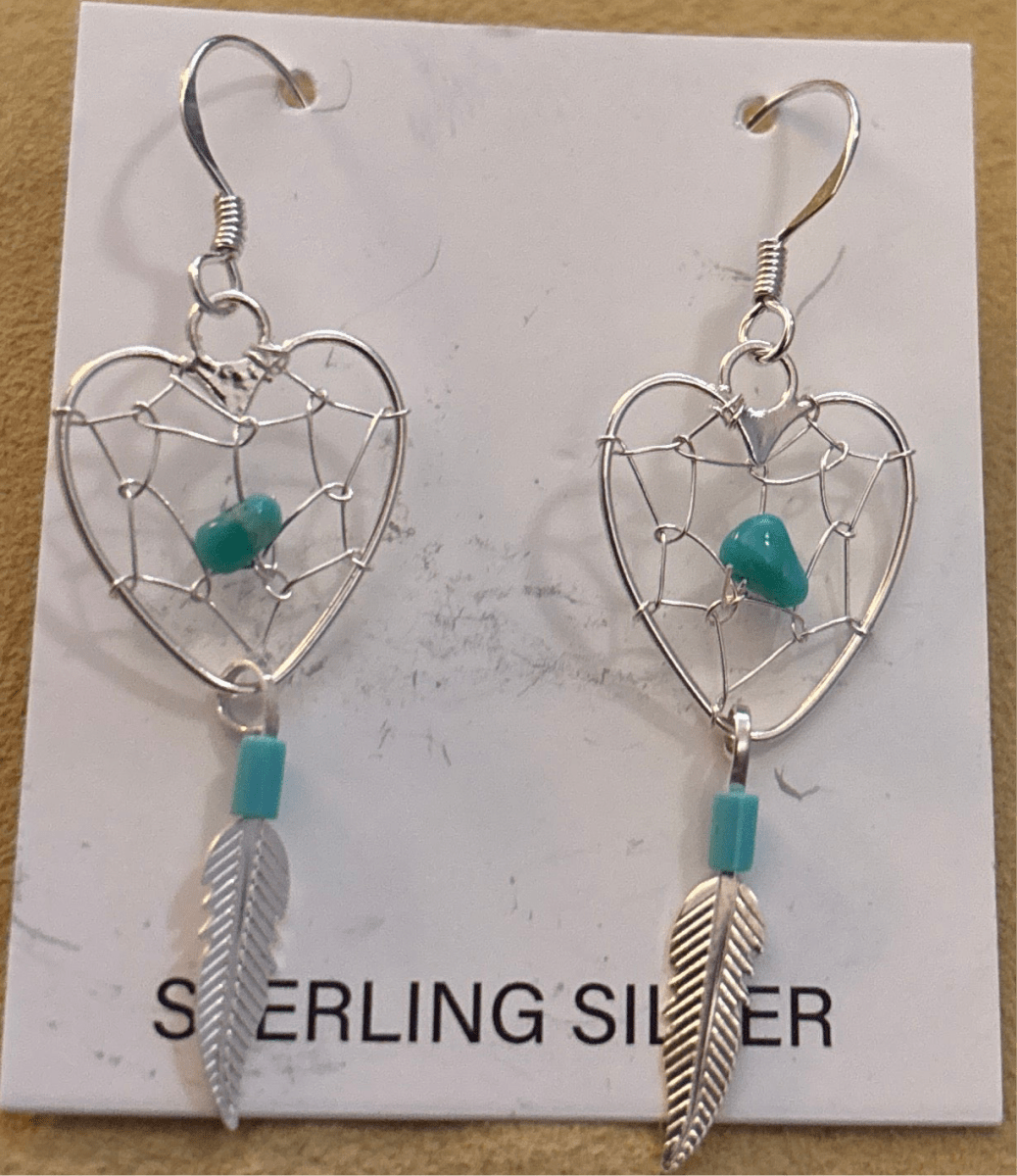 Earring, Heart Dreamcatcher w/ tq nugget & feather, - Turquoise Mustang