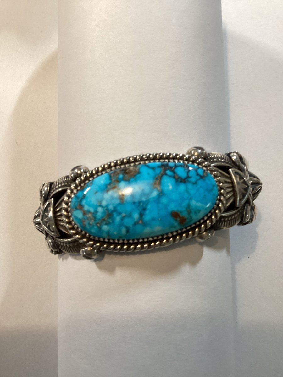Heavy Overlay & Stampwork Cuff with Oval Royston by Delbert Gordon - Turquoise Mustang