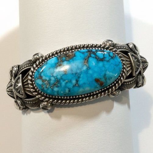 Heavy Overlay & Stampwork Cuff with Oval Royston by Delbert Gordon - Turquoise Mustang
