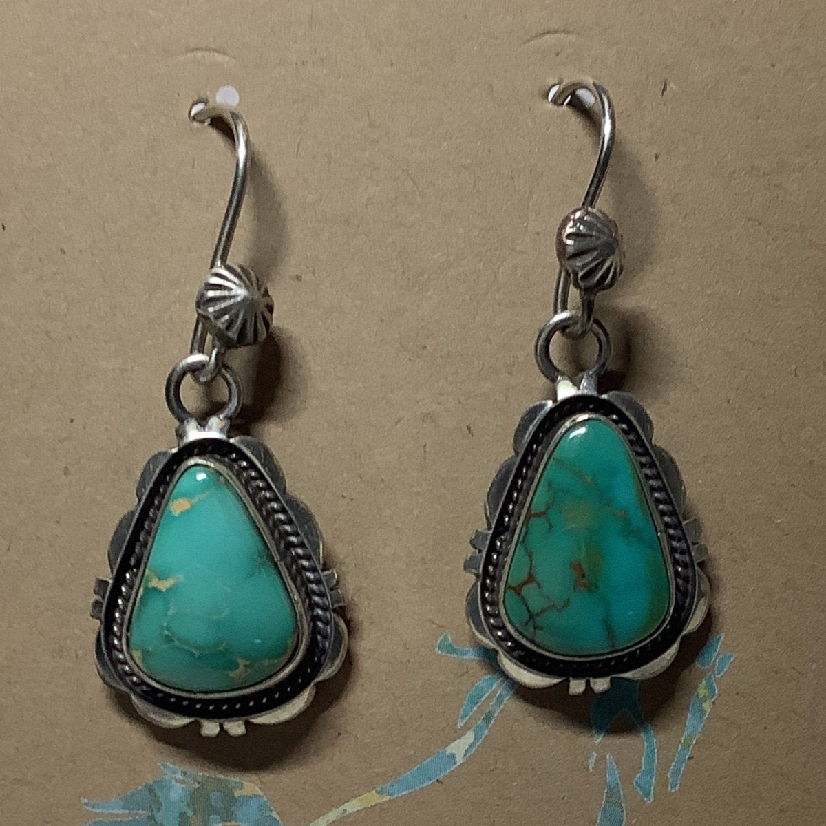 Earring, PRemium Royston teardrops,cutwork bezel shadowbox - Turquoise Mustang