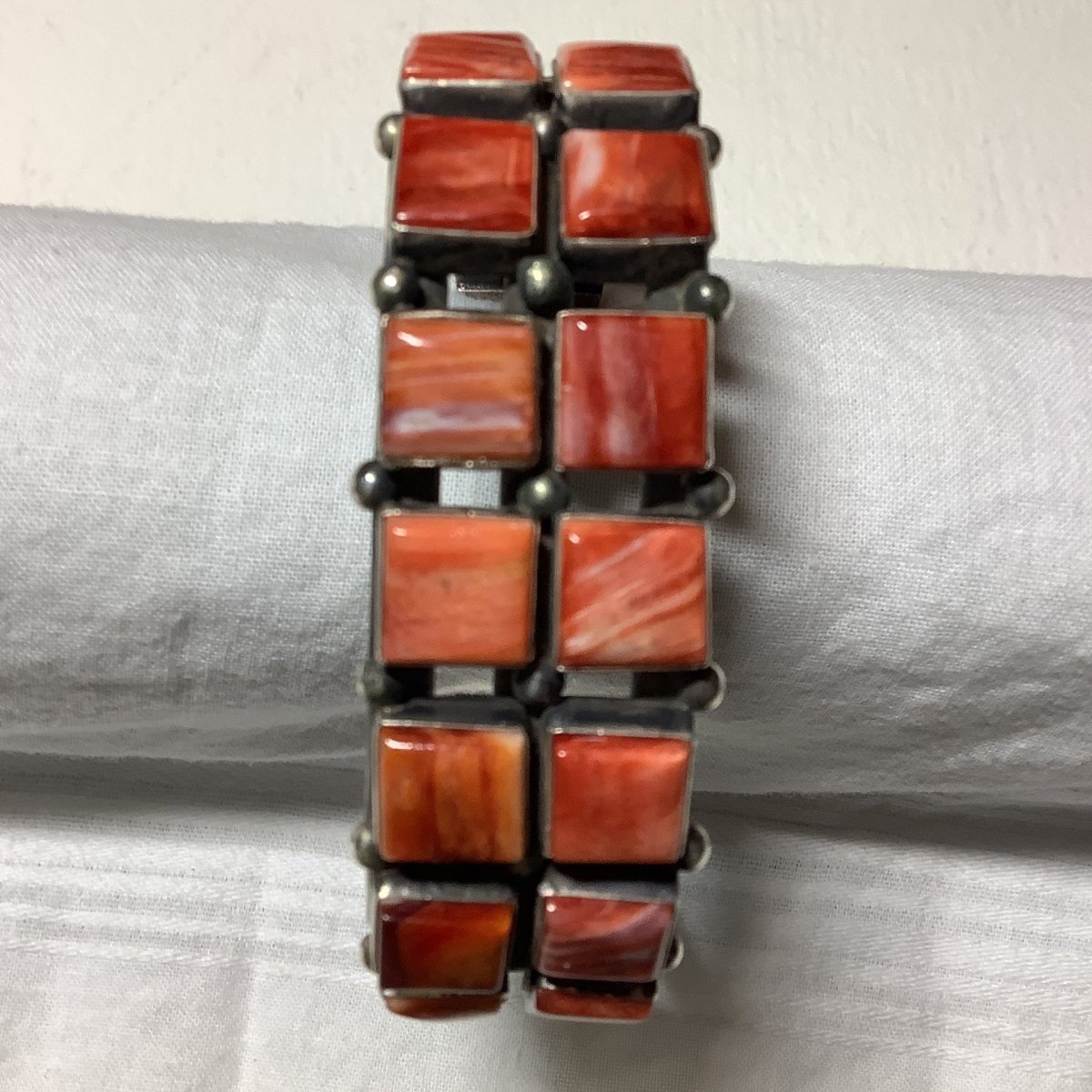 Bracelet, 14 Stone Red Spiny Oyster Squares, OA? Oscar Alexius (1) - Turquoise Mustang