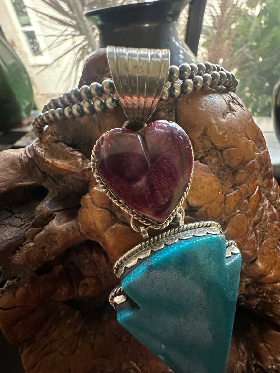 Purple Spiny Oyster Heart & Carved Turquoise Arrowhead Double Stone Statement Pendant, by Dan Dodson - Turquoise Mustang