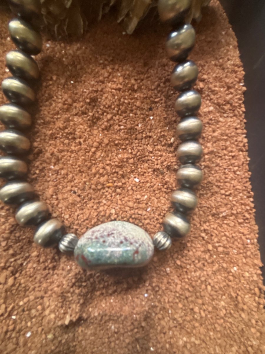 16" d 10mm Silver Pearl Necklace with Ruby in Fucisite Nugget - Turquoise Mustang
