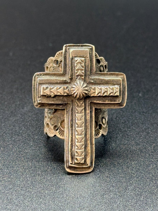 Stamped and Oxidized Cross Ring with Pierced Shank, Size 6.5 Darrell Cadman - Turquoise Mustang