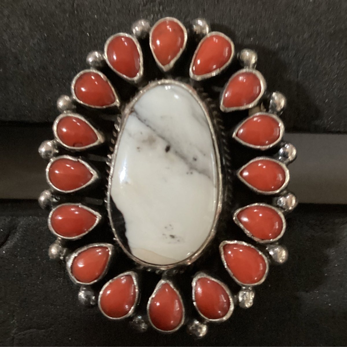 Ring, Lapis, Oval White Buffalo cluster, 16 Coral Pears bezel, Geneva - Turquoise Mustang