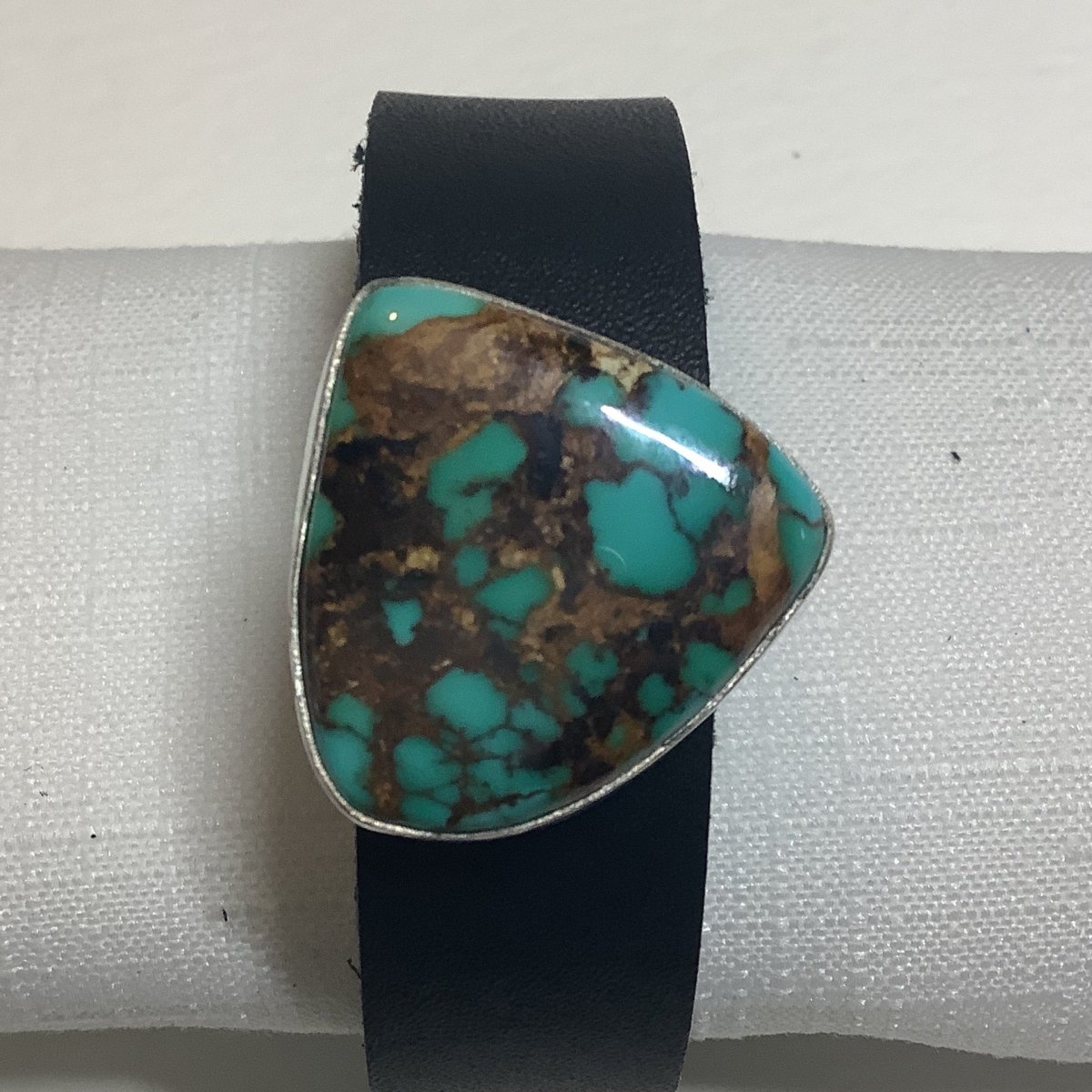 Bracelet, Freeform Blue Spiderweb Turquoise, Black Leather band, Jeff Stahre - Turquoise Mustang