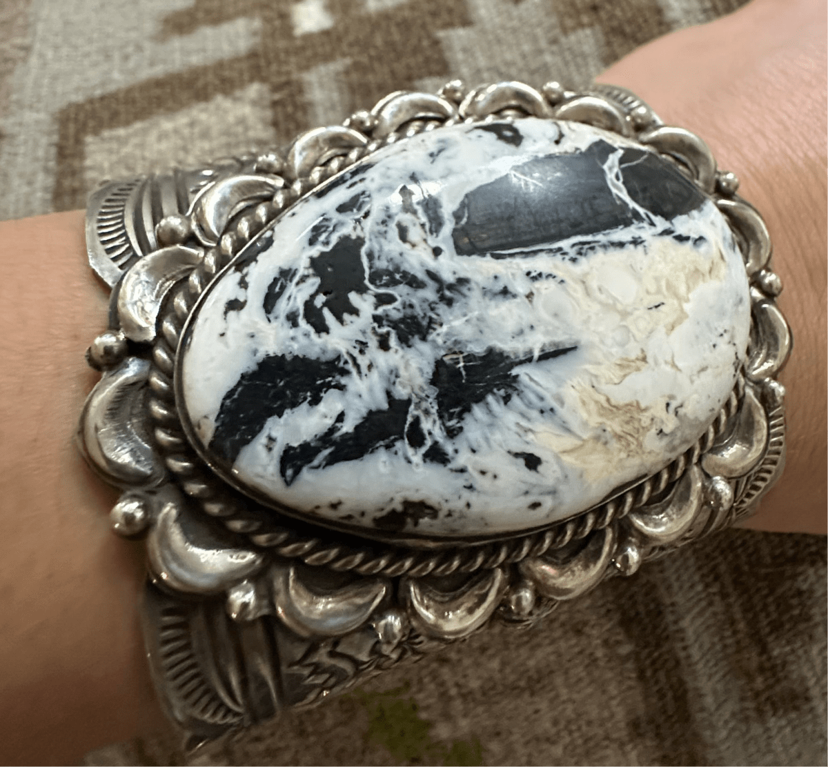 Extra wide cuff, White Buffalo Oval, in Heavy Gauge Sterling Silver by Chris Yazzie - Turquoise Mustang