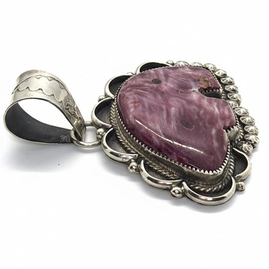 Purple Spiny Oyster Bear Pendant with Scalloped Sterling Frame & Stampwork Bale, Phillip Yazzie - Turquoise Mustang