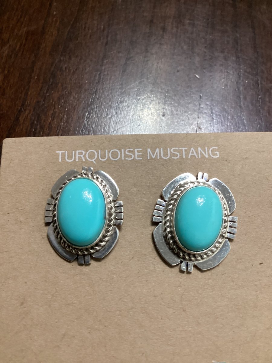 Earring, Posts, Turquoise, Cutwork bezel, Kathleen Chavez - Turquoise Mustang