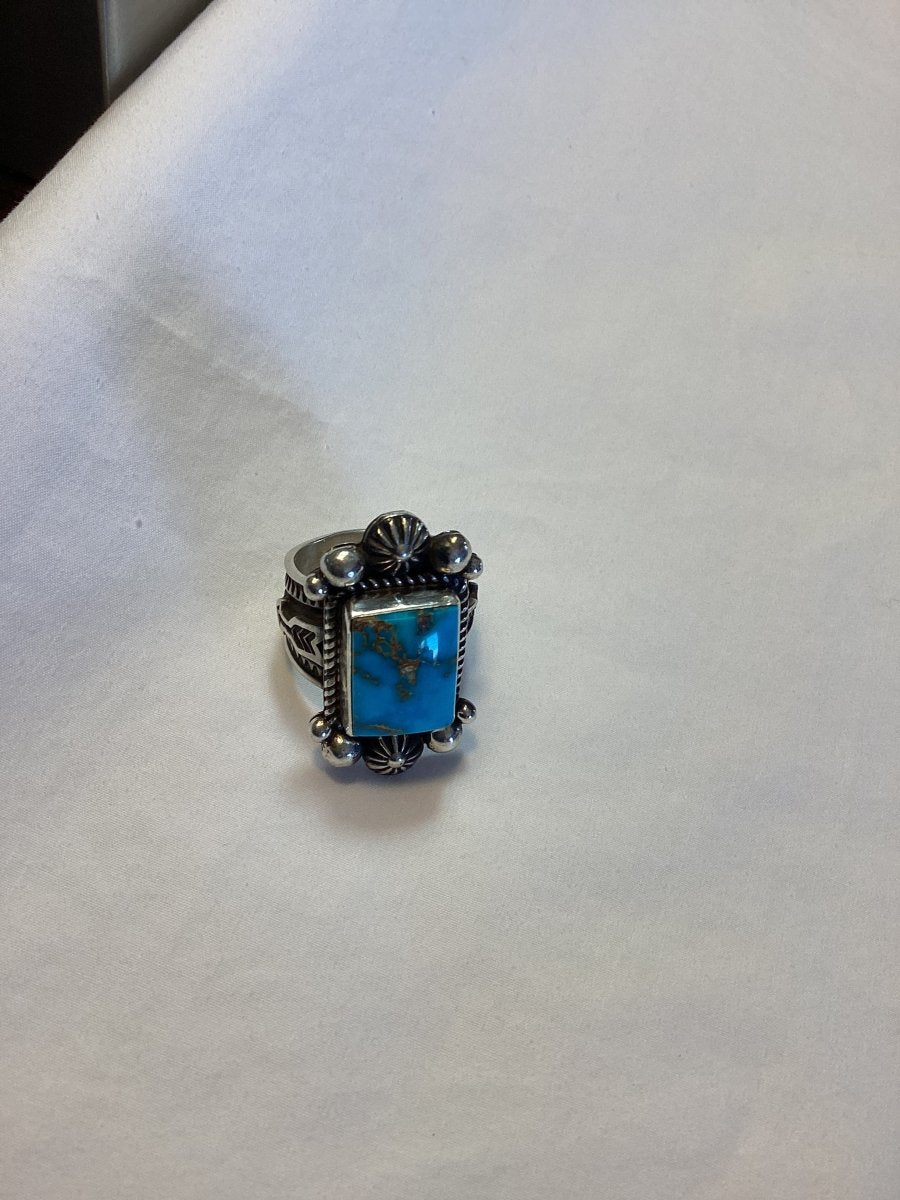 Ring, Premium Kingman rectangle, arrows on shank, Heavy By Hand, Albert Jake - Turquoise Mustang