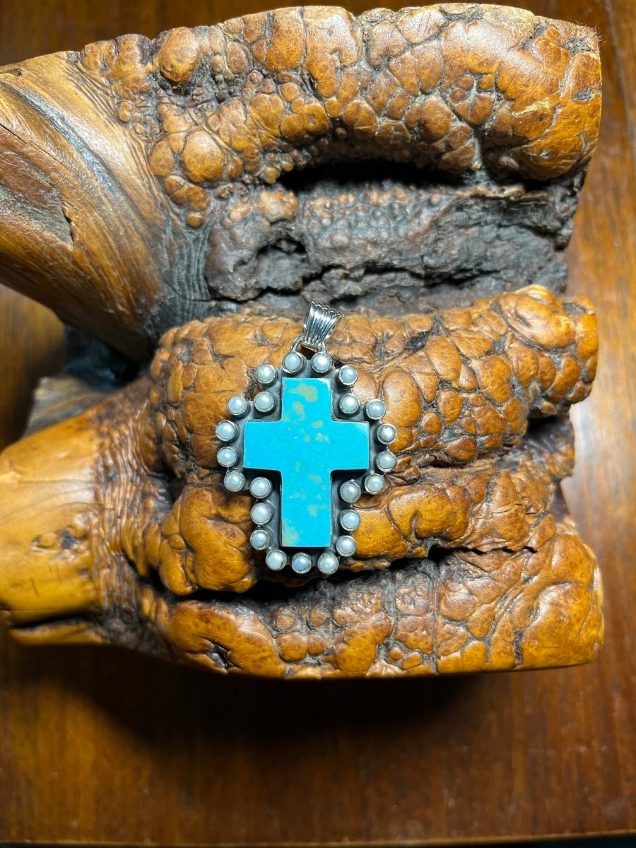 The Quaker Ladies Cross and Pearl Pendant - Turquoise Mustang