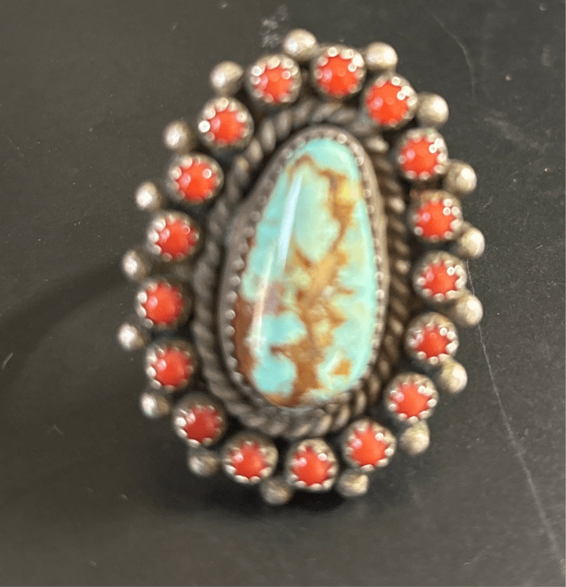 Ring, narrow 21 Stone Cluster Wild Horse with Mediteranean Coral bezel, Peterson Johnson (1) - Turquoise Mustang