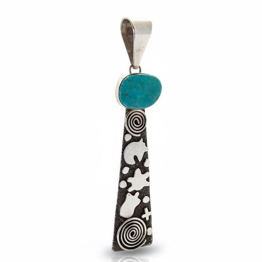 Petroglyph Overlay Pendant with Freeform Kingman Turquoise Stone, by Alex Sanchez - Turquoise Mustang