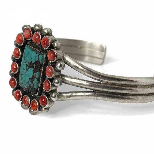Rosalita 15 - Stone Rectangular Cluster Cuff in Red Spiny Oyster and Green Kingman, Kathleen Livingston - Turquoise Mustang