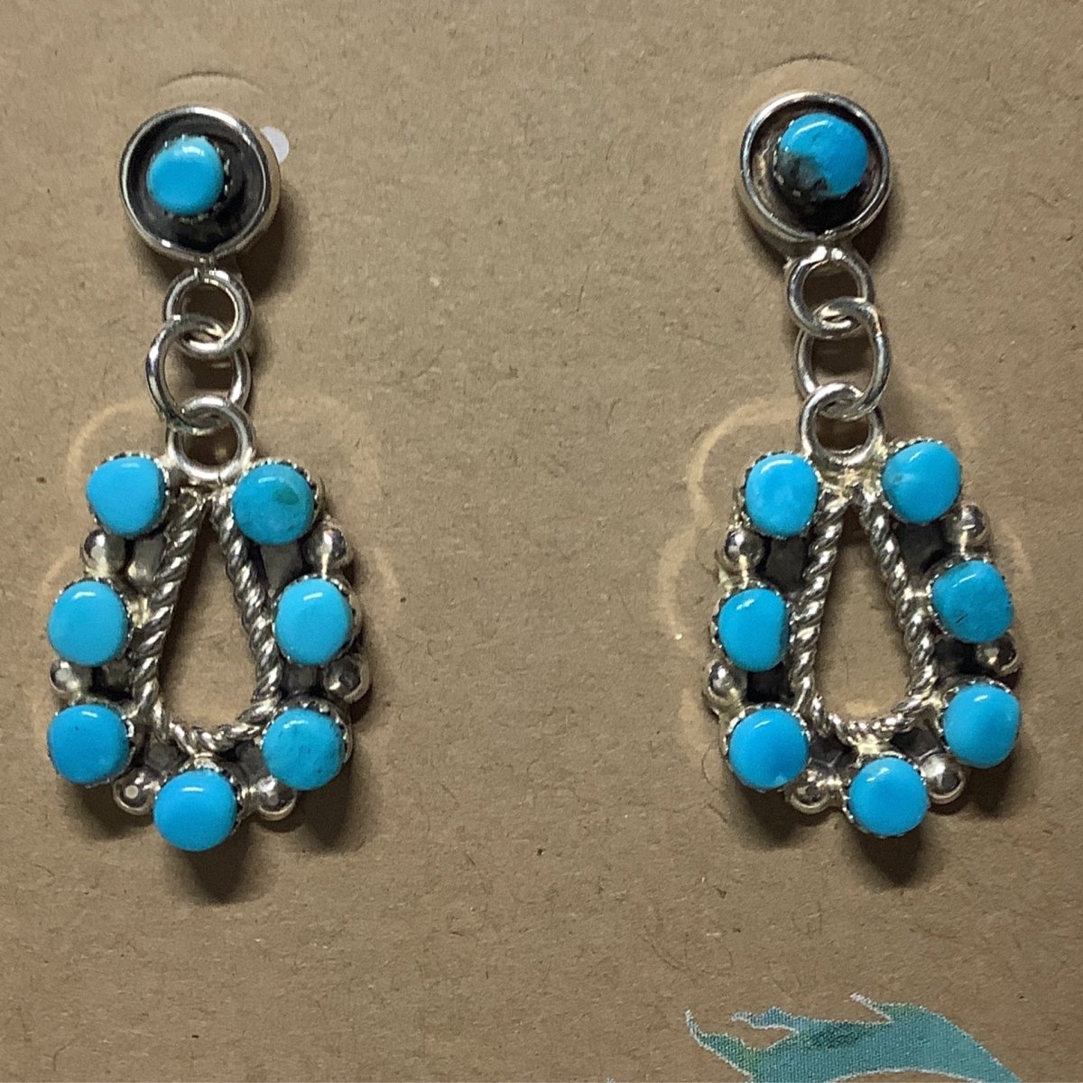 Earring, pp rd. posts and horseshoes, 8 stone, J. Laate (zuni) - Turquoise Mustang