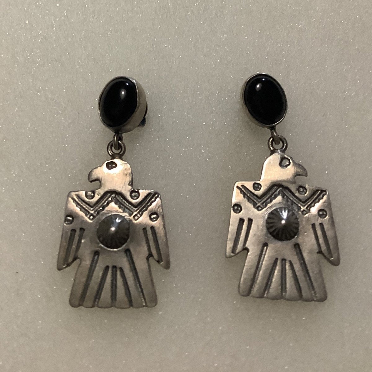 Earrings, Onyx, Medium Thunderbirds with Sunburst Onyx oval studs, DD - Turquoise Mustang