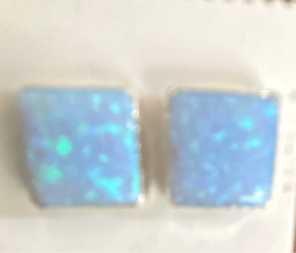 Earring, assorted medium studs, square in Dark Green and Kight Blue Lab Opal - Turquoise Mustang