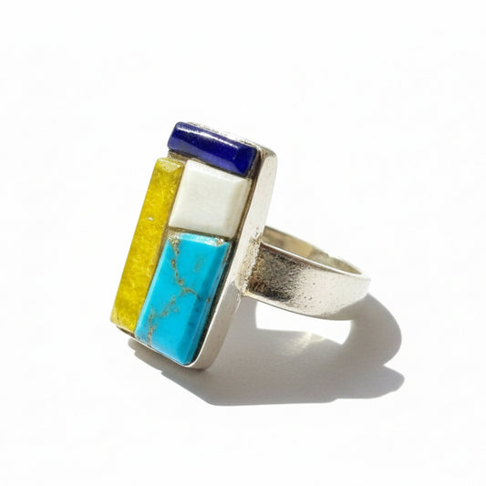 Rectangular Multi - Stone Inlay Ring with Tufa Cast Shank, Size 10.75 Stewart Billie - Turquoise Mustang