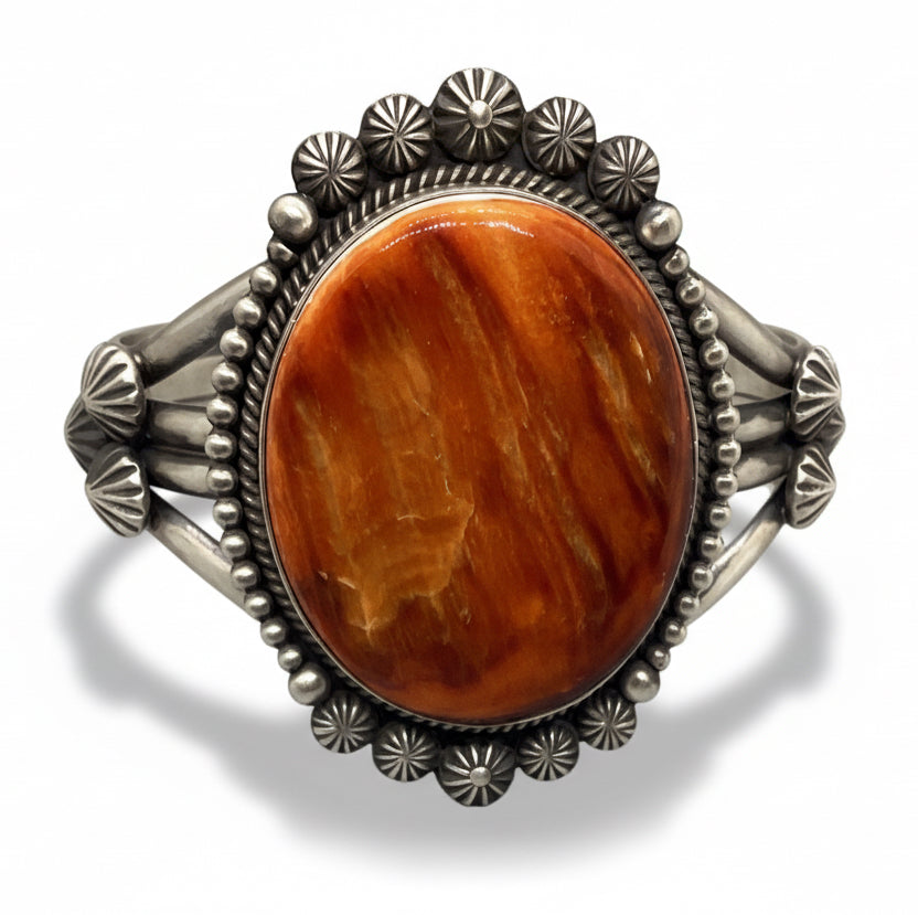 Bracelet, Cuff, Orange Spiny Oyster Rope Bezel, Raindrops, Starbursts, 85 ct, Michael Calditto - Turquoise Mustang