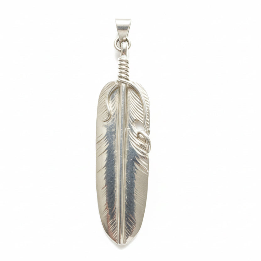 All - Silver Dimensional Feather Pendant in Heavy Sterling - Turquoise Mustang