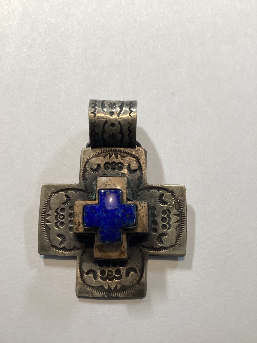 Pendant, Cross, Navajo style with stacked Jasper and Lapis Cross Cabs, DD (1) - Turquoise Mustang