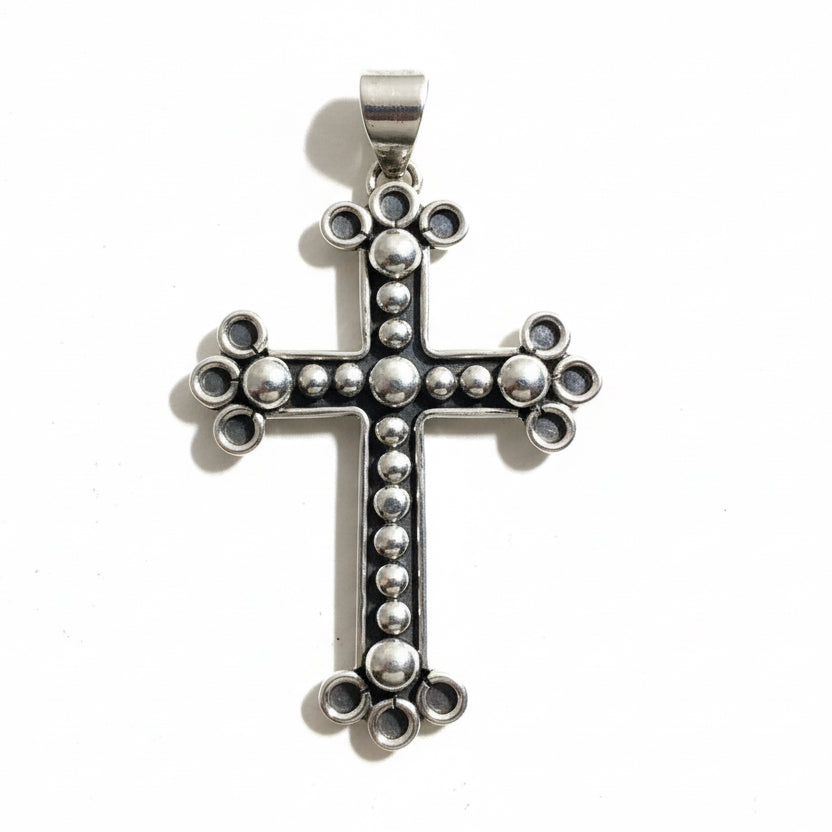 Pendant, Cross, All Silver, Spanish style with Raindrop applique, DD - Turquoise Mustang