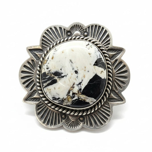 White Buffalo Oval Ring with Stamped Shield & Rope Bezel, Adjustable by M. Spencer - Turquoise Mustang