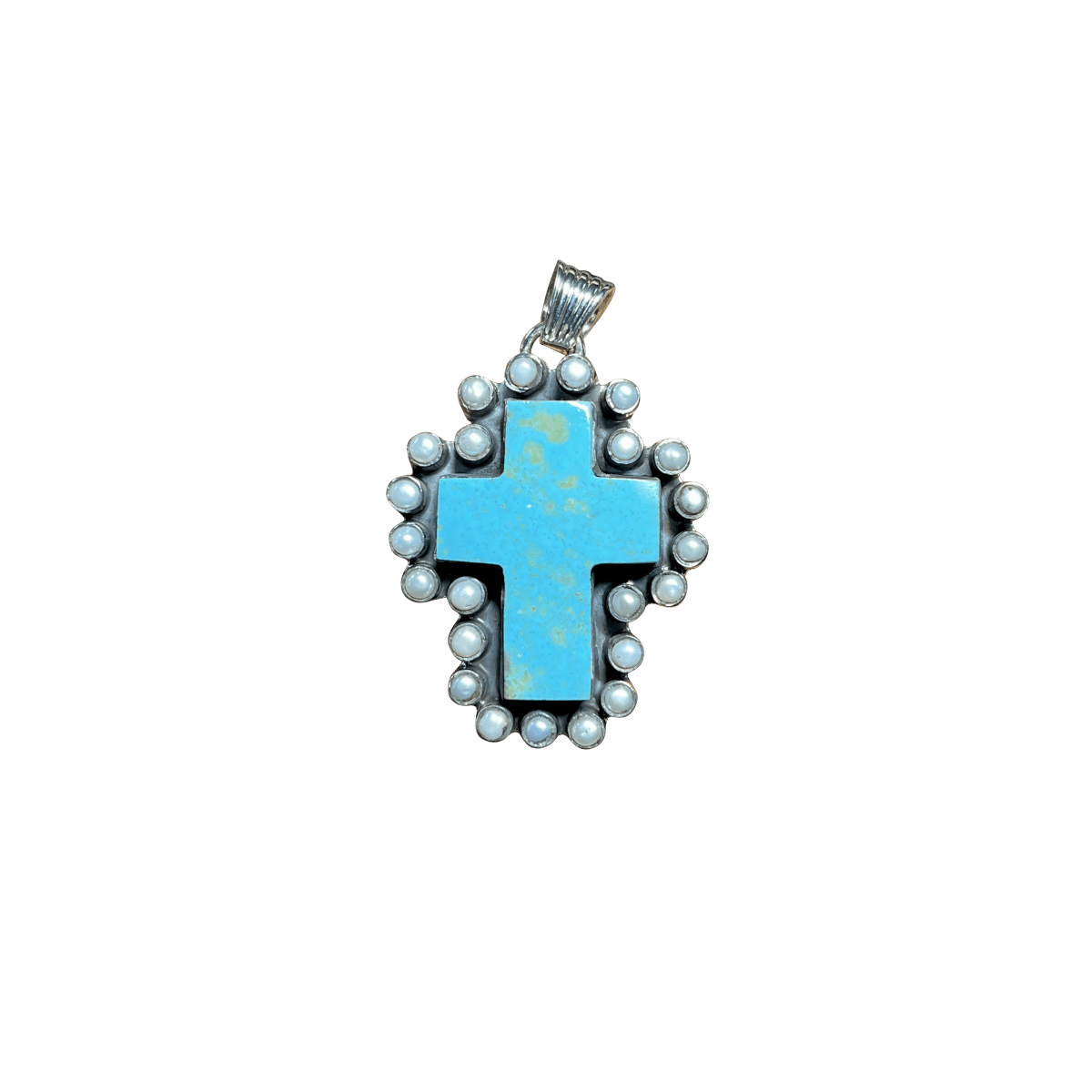 The Quaker Ladies Cross and Pearl Pendant - Turquoise Mustang
