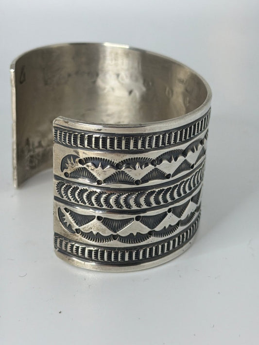 Heavy - Gauge Sterling Silver Five Row - Stamped Bracelet Cuff, Leonard Maloney - Turquoise Mustang