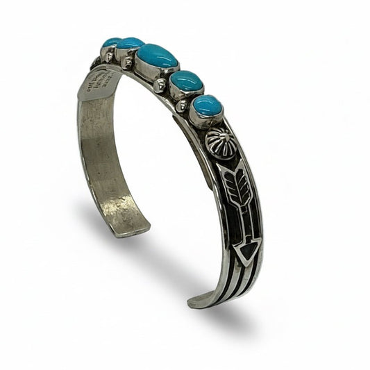 Sleeping Bty Turquoise Cuff with 5 Stones by Albert Jake - Turquoise Mustang
