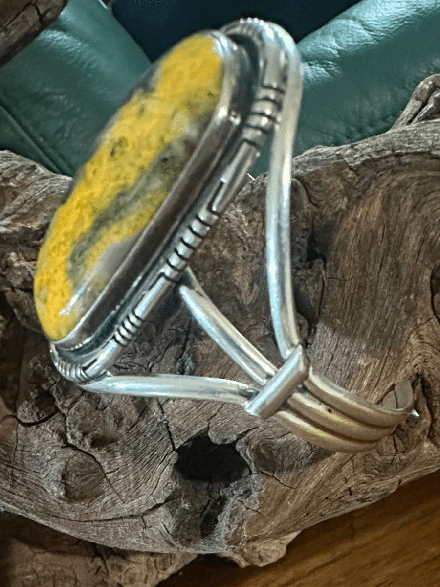 Elegant Sterling Silver Cuff with Large Oval Bumblebee Jasper Stone, Hallmarked - Turquoise Mustang