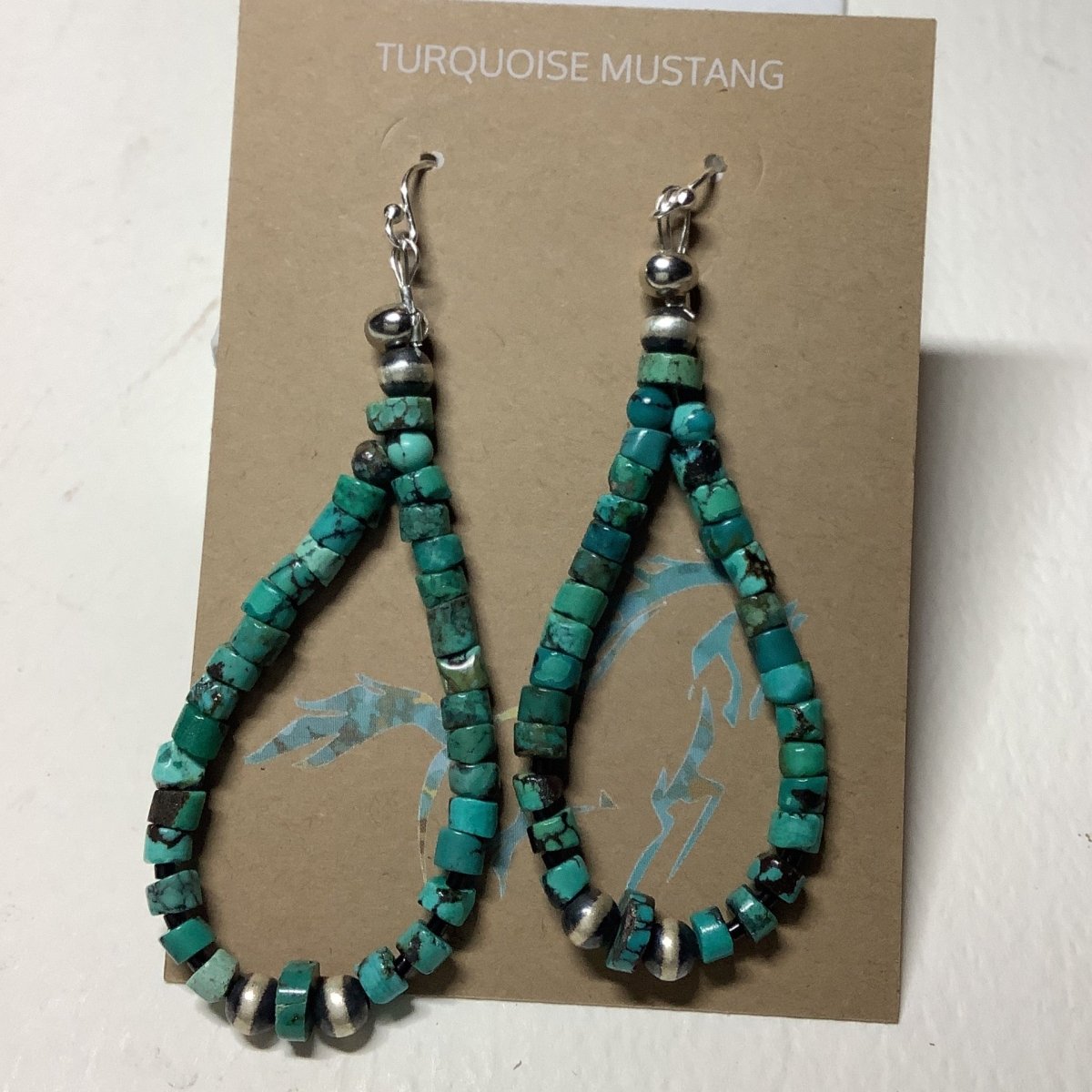 Earring, Spiderweb Nevada freeform cabs with repose drop , Unknown - Turquoise Mustang