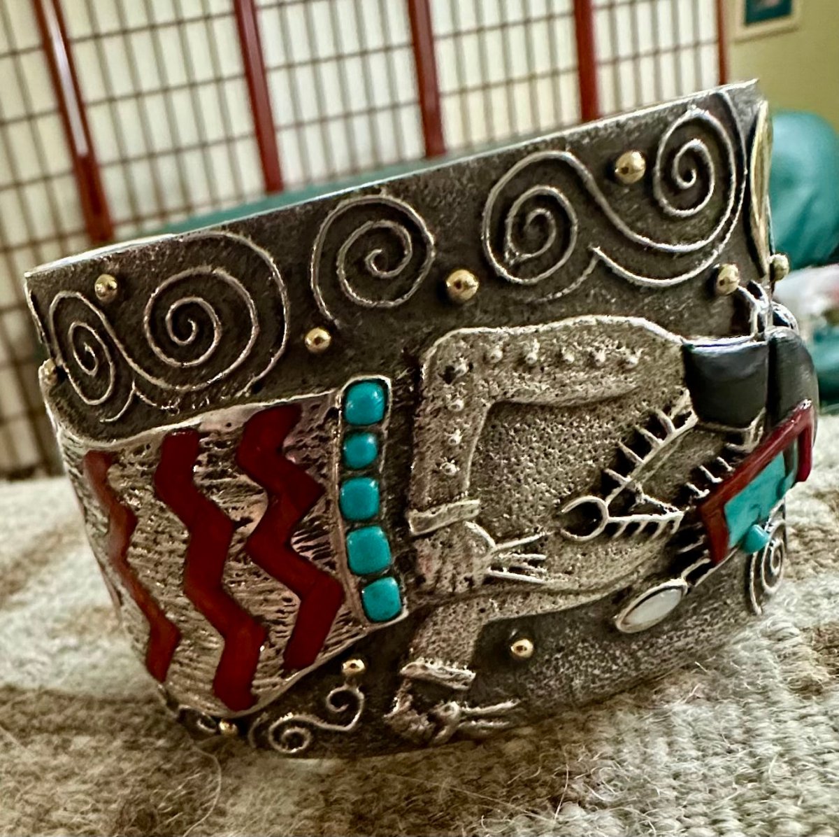 Monumental Storyteller Cuff with Turquoise, Mother of Pearl, Red Coral, Black Jet and 14K Gold Accent, by Philander Begay - Turquoise Mustang