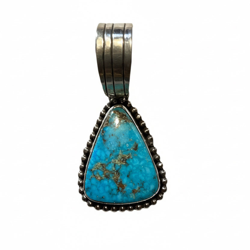 Pendant, Triangular Freeform Ithaca Peak Waterweb Turquoise, Raindrop Bezel L. Yazzie - Turquoise Mustang